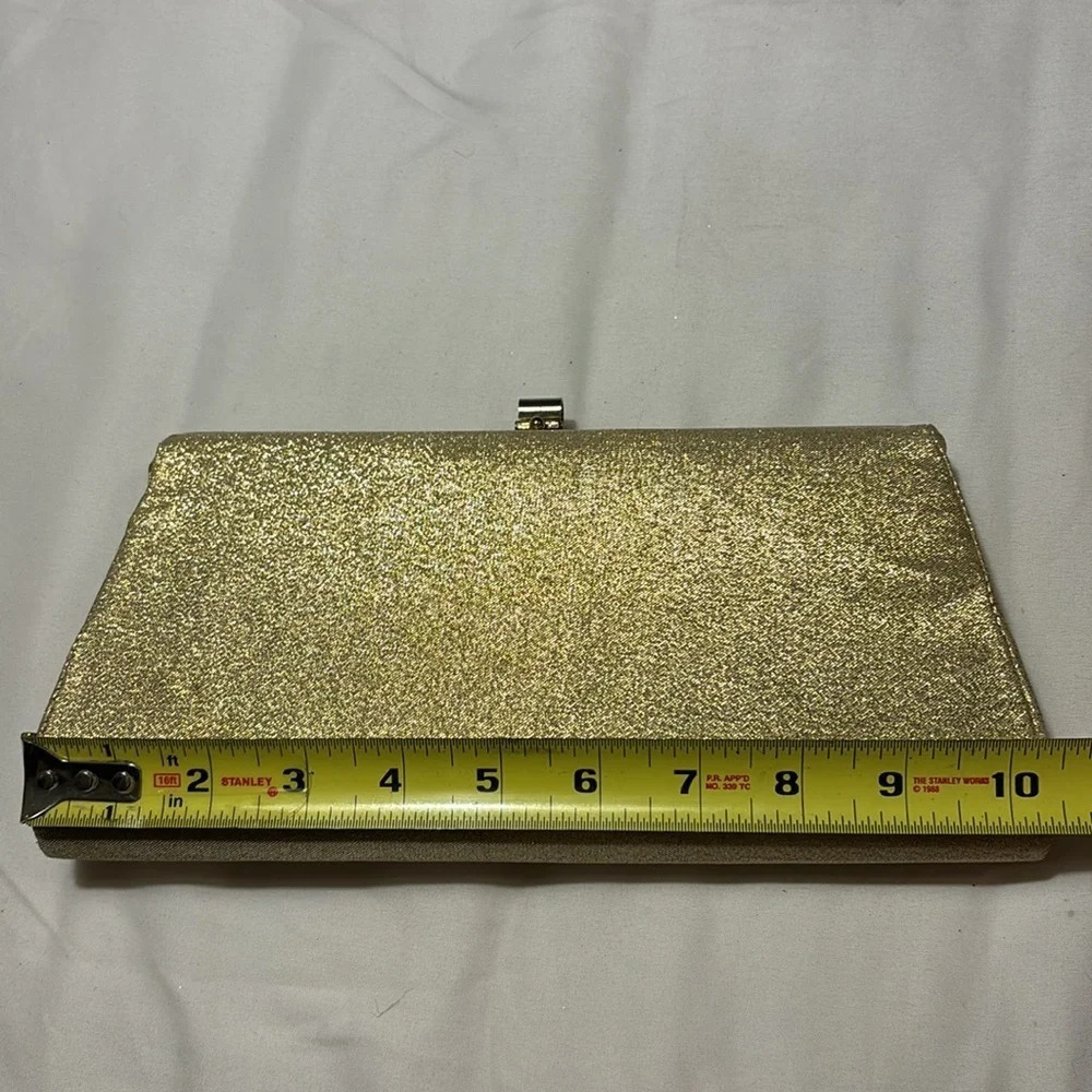 Vintage Retro Gold Clutch Bag with Metal Clasp and Chain Handbag Purse - Picture 7 of 8